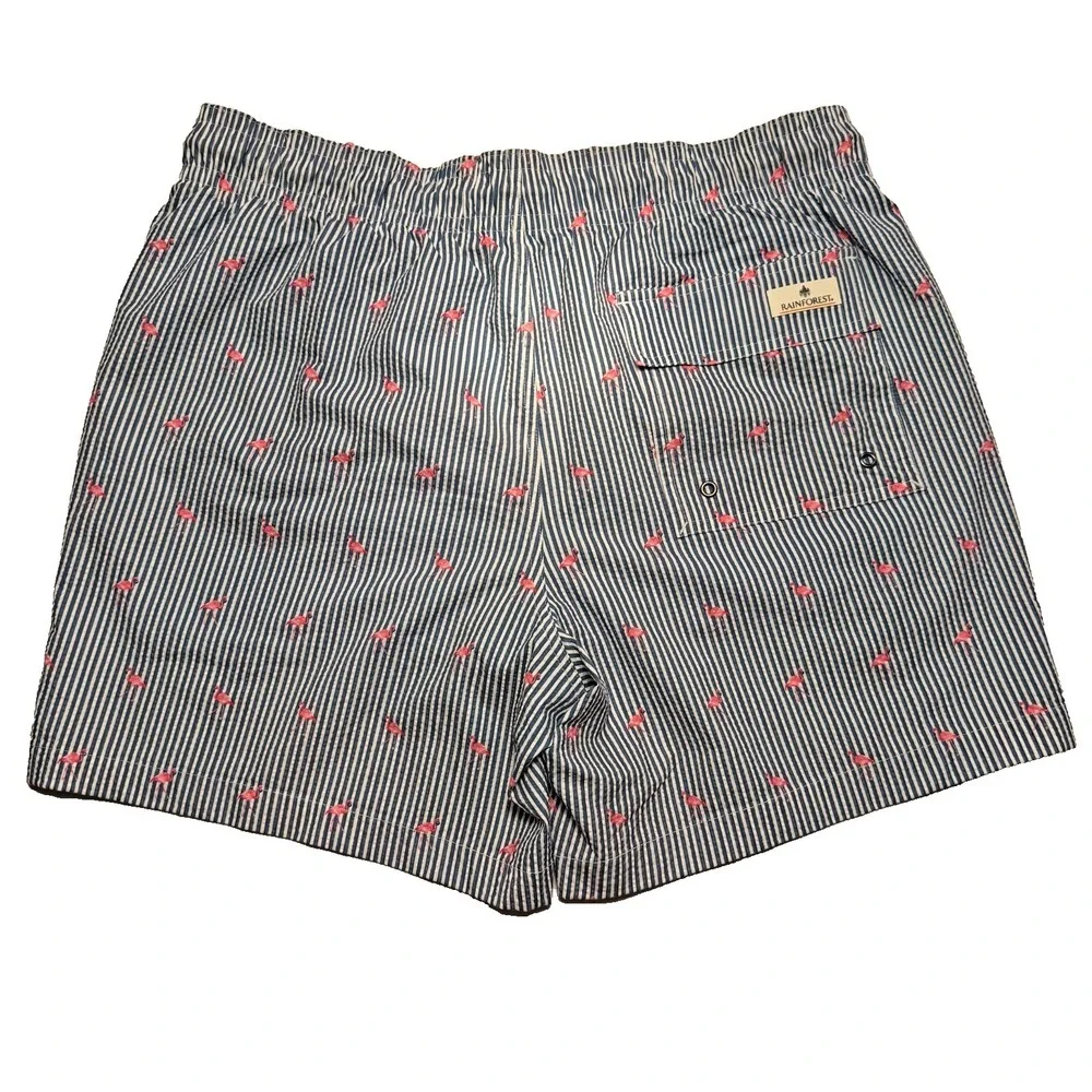 Rainforest Men's L Swim Trunks Bering Sea Navy Stripe Pink Flamingo 4Way Stretch